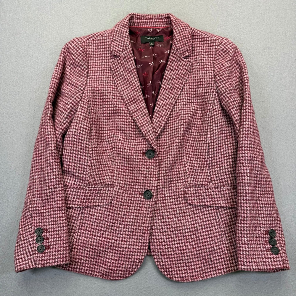 Talbots Petite Pink Houndstooth Wool Blend Two Button Blazer Jacket 8P